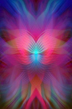 Renkli soyut modern sanat arka planı canlı renkler, simetrik kaleydoskop desenleri ve mavi, kırmızı, pembe, sarı ve yeşil renkli akışkan dokular.