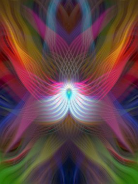 Renkli soyut modern sanat arka planı canlı renkler, simetrik kaleydoskop desenleri ve mavi, kırmızı, pembe, sarı ve yeşil renkli akışkan dokular.