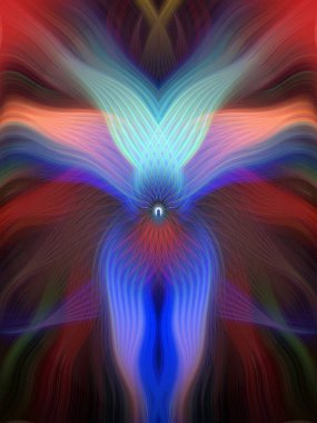 Renkli soyut modern sanat arka planı canlı renkler, simetrik kaleydoskop desenleri ve mavi, kırmızı, pembe, sarı ve yeşil renkli akışkan dokular.