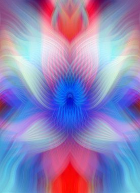 Renkli soyut modern sanat arka planı canlı renkler, simetrik kaleydoskop desenleri ve mavi, kırmızı, pembe, sarı ve yeşil renkli akışkan dokular.