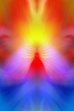 Renkli soyut modern sanat arka planı canlı renkler, simetrik kaleydoskop desenleri ve mavi, kırmızı, pembe, sarı ve yeşil renkli akışkan dokular.