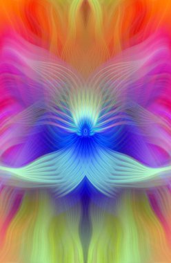 Renkli soyut modern sanat arka planı canlı renkler, simetrik kaleydoskop desenleri ve mavi, kırmızı, pembe, sarı ve yeşil renkli akışkan dokular.