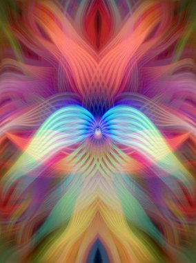 Renkli soyut modern sanat arka planı canlı renkler, simetrik kaleydoskop desenleri ve mavi, kırmızı, pembe, sarı ve yeşil renkli akışkan dokular.