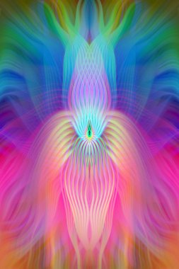 Renkli soyut modern sanat arka planı canlı renkler, simetrik kaleydoskop desenleri ve mavi, kırmızı, pembe, sarı ve yeşil renkli akışkan dokular.