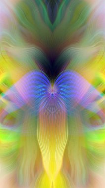 Renkli soyut modern sanat arka planı canlı renkler, simetrik kaleydoskop desenleri ve mavi, kırmızı, pembe, sarı ve yeşil renkli akışkan dokular.