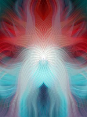 Renkli soyut modern sanat arka planı canlı renkler, simetrik kaleydoskop desenleri ve mavi, kırmızı, pembe, sarı ve yeşil renkli akışkan dokular.