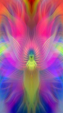 Renkli soyut modern sanat arka planı canlı renkler, simetrik kaleydoskop desenleri ve mavi, kırmızı, pembe, sarı ve yeşil renkli akışkan dokular.