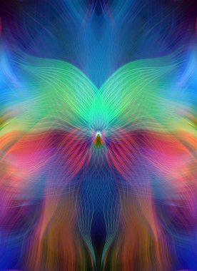 Renkli soyut modern sanat arka planı canlı renkler, simetrik kaleydoskop desenleri ve mavi, kırmızı, pembe, sarı ve yeşil renkli akışkan dokular.