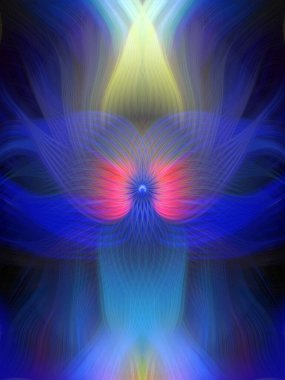 Renkli soyut modern sanat arka planı canlı renkler, simetrik kaleydoskop desenleri ve mavi, kırmızı, pembe, sarı ve yeşil renkli akışkan dokular.