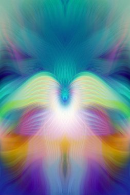 Renkli soyut modern sanat arka planı canlı renkler, simetrik kaleydoskop desenleri ve mavi, kırmızı, pembe, sarı ve yeşil renkli akışkan dokular.