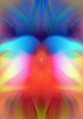 Renkli soyut modern sanat arka planı canlı renkler, simetrik kaleydoskop desenleri ve mavi, kırmızı, pembe, sarı ve yeşil renkli akışkan dokular.