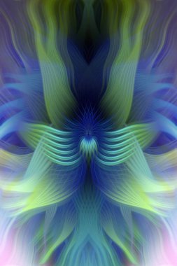 Renkli soyut modern sanat arka planı canlı renkler, simetrik kaleydoskop desenleri ve mavi, kırmızı, pembe, sarı ve yeşil renkli akışkan dokular.