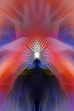 Renkli soyut modern sanat arka planı canlı renkler, simetrik kaleydoskop desenleri ve mavi, kırmızı, pembe, sarı ve yeşil renkli akışkan dokular.