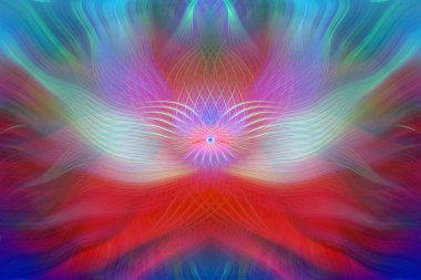 Renkli soyut modern sanat arka planı canlı renkler, simetrik kaleydoskop desenleri ve mavi, kırmızı, pembe, sarı ve yeşil renkli akışkan dokular.