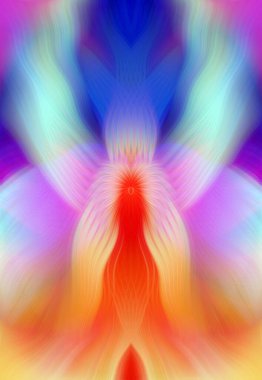 Renkli soyut modern sanat arka planı canlı renkler, simetrik kaleydoskop desenleri ve mavi, kırmızı, pembe, sarı ve yeşil renkli akışkan dokular.