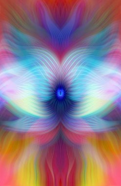 Renkli soyut modern sanat arka planı canlı renkler, simetrik kaleydoskop desenleri ve mavi, kırmızı, pembe, sarı ve yeşil renkli akışkan dokular.