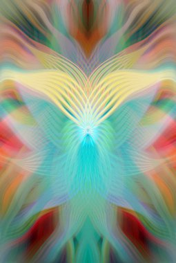 Renkli soyut modern sanat arka planı canlı renkler, simetrik kaleydoskop desenleri ve mavi, kırmızı, pembe, sarı ve yeşil renkli akışkan dokular.