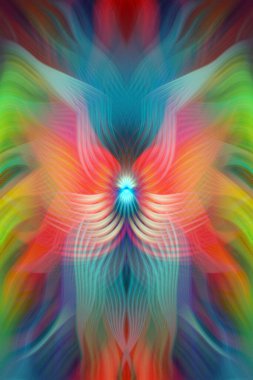 Renkli soyut modern sanat arka planı canlı renkler, simetrik kaleydoskop desenleri ve mavi, kırmızı, pembe, sarı ve yeşil renkli akışkan dokular.