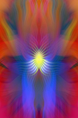 Renkli soyut modern sanat arka planı canlı renkler, simetrik kaleydoskop desenleri ve mavi, kırmızı, pembe, sarı ve yeşil renkli akışkan dokular.