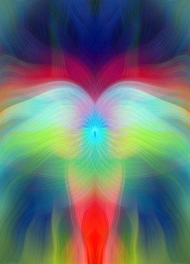 Renkli soyut modern sanat arka planı canlı renkler, simetrik kaleydoskop desenleri ve mavi, kırmızı, pembe, sarı ve yeşil renkli akışkan dokular.