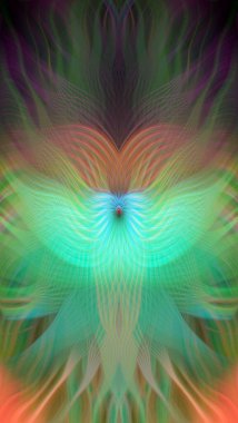 Renkli soyut modern sanat arka planı canlı renkler, simetrik kaleydoskop desenleri ve mavi, kırmızı, pembe, sarı ve yeşil renkli akışkan dokular.