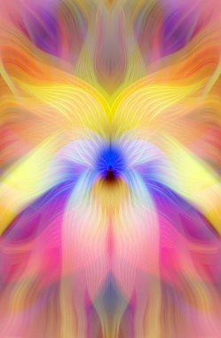 Renkli soyut modern sanat arka planı canlı renkler, simetrik kaleydoskop desenleri ve mavi, kırmızı, pembe, sarı ve yeşil renkli akışkan dokular.