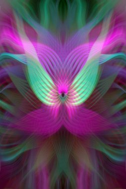 Renkli soyut modern sanat arka planı canlı renkler, simetrik kaleydoskop desenleri ve mavi, kırmızı, pembe, sarı ve yeşil renkli akışkan dokular.