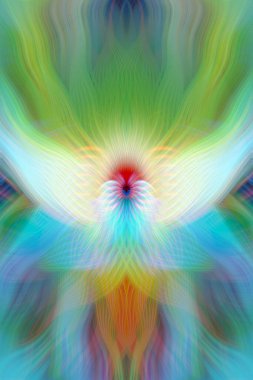 Renkli soyut modern sanat arka planı canlı renkler, simetrik kaleydoskop desenleri ve mavi, kırmızı, pembe, sarı ve yeşil renkli akışkan dokular.