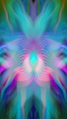 Renkli soyut modern sanat arka planı canlı renkler, simetrik kaleydoskop desenleri ve mavi, kırmızı, pembe, sarı ve yeşil renkli akışkan dokular.