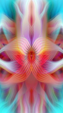 Renkli soyut modern sanat arka planı canlı renkler, simetrik kaleydoskop desenleri ve mavi, kırmızı, pembe, sarı ve yeşil renkli akışkan dokular.