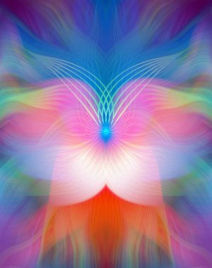 Renkli soyut modern sanat arka planı canlı renkler, simetrik kaleydoskop desenleri ve mavi, kırmızı, pembe, sarı ve yeşil renkli akışkan dokular.