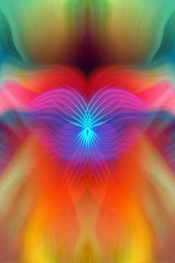 Renkli soyut modern sanat arka planı canlı renkler, simetrik kaleydoskop desenleri ve mavi, kırmızı, pembe, sarı ve yeşil renkli akışkan dokular.