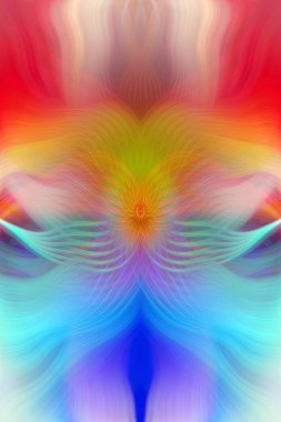 Renkli soyut modern sanat arka planı canlı renkler, simetrik kaleydoskop desenleri ve mavi, kırmızı, pembe, sarı ve yeşil renkli akışkan dokular.