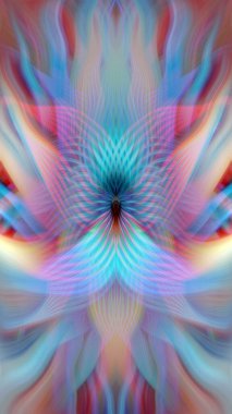 Renkli soyut modern sanat arka planı canlı renkler, simetrik kaleydoskop desenleri ve mavi, kırmızı, pembe, sarı ve yeşil renkli akışkan dokular.