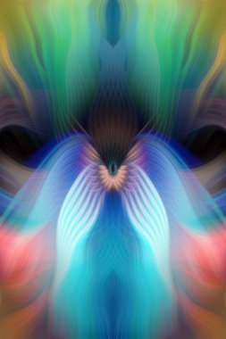 Renkli soyut modern sanat arka planı canlı renkler, simetrik kaleydoskop desenleri ve mavi, kırmızı, pembe, sarı ve yeşil renkli akışkan dokular.