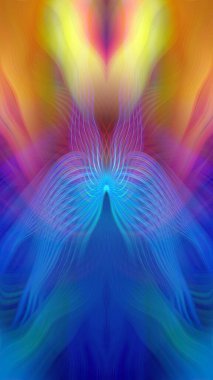 Renkli soyut modern sanat arka planı canlı renkler, simetrik kaleydoskop desenleri ve mavi, kırmızı, pembe, sarı ve yeşil renkli akışkan dokular.