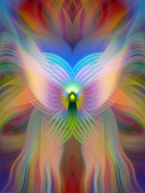 Renkli soyut modern sanat arka planı canlı renkler, simetrik kaleydoskop desenleri ve mavi, kırmızı, pembe, sarı ve yeşil renkli akışkan dokular.