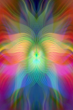 Renkli soyut modern sanat arka planı canlı renkler, simetrik kaleydoskop desenleri ve mavi, kırmızı, pembe, sarı ve yeşil renkli akışkan dokular.