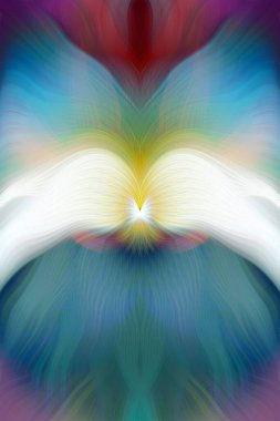 Renkli soyut modern sanat arka planı canlı renkler, simetrik kaleydoskop desenleri ve mavi, kırmızı, pembe, sarı ve yeşil renkli akışkan dokular.