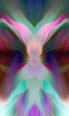 Renkli soyut modern sanat arka planı canlı renkler, simetrik kaleydoskop desenleri ve mavi, kırmızı, pembe, sarı ve yeşil renkli akışkan dokular.