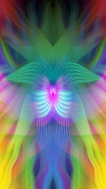 Renkli soyut modern sanat arka planı canlı renkler, simetrik kaleydoskop desenleri ve mavi, kırmızı, pembe, sarı ve yeşil renkli akışkan dokular.