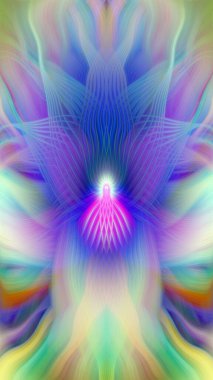 Renkli soyut modern sanat arka planı canlı renkler, simetrik kaleydoskop desenleri ve mavi, kırmızı, pembe, sarı ve yeşil renkli akışkan dokular.