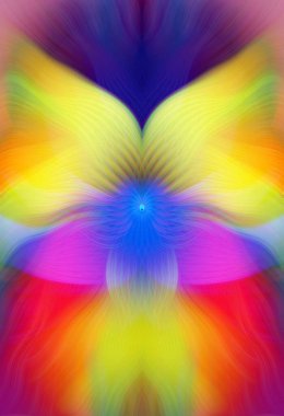 Renkli soyut modern sanat arka planı canlı renkler, simetrik kaleydoskop desenleri ve mavi, kırmızı, pembe, sarı ve yeşil renkli akışkan dokular.