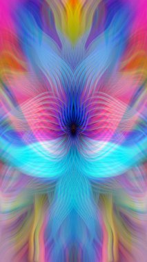 Renkli soyut modern sanat arka planı canlı renkler, simetrik kaleydoskop desenleri ve mavi, kırmızı, pembe, sarı ve yeşil renkli akışkan dokular.