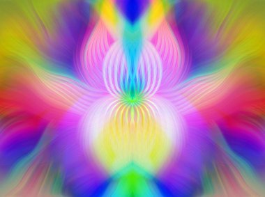 Renkli soyut modern sanat arka planı canlı renkler, simetrik kaleydoskop desenleri ve mavi, kırmızı, pembe, sarı ve yeşil renkli akışkan dokular.