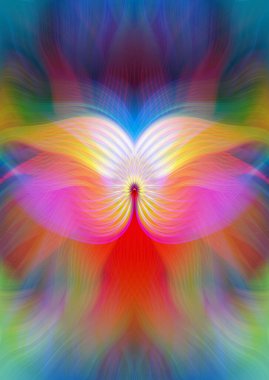 Renkli soyut modern sanat arka planı canlı renkler, simetrik kaleydoskop desenleri ve mavi, kırmızı, pembe, sarı ve yeşil renkli akışkan dokular.