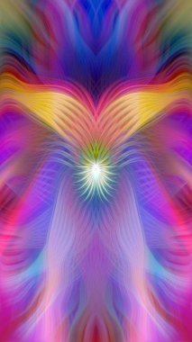 Renkli soyut modern sanat arka planı canlı renkler, simetrik kaleydoskop desenleri ve mavi, kırmızı, pembe, sarı ve yeşil renkli akışkan dokular.