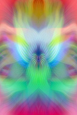 Renkli soyut modern sanat arka planı canlı renkler, simetrik kaleydoskop desenleri ve mavi, kırmızı, pembe, sarı ve yeşil renkli akışkan dokular.