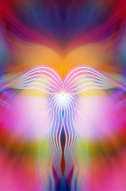 Renkli soyut modern sanat arka planı canlı renkler, simetrik kaleydoskop desenleri ve mavi, kırmızı, pembe, sarı ve yeşil renkli akışkan dokular.