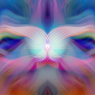 Renkli soyut modern sanat arka planı canlı renkler, simetrik kaleydoskop desenleri ve mavi, kırmızı, pembe, sarı ve yeşil renkli akışkan dokular.